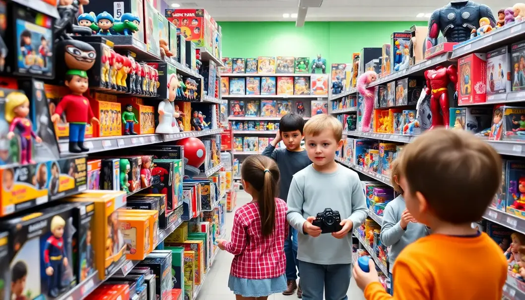 Toy store aisle with children browsing 2025 collectible figures.
