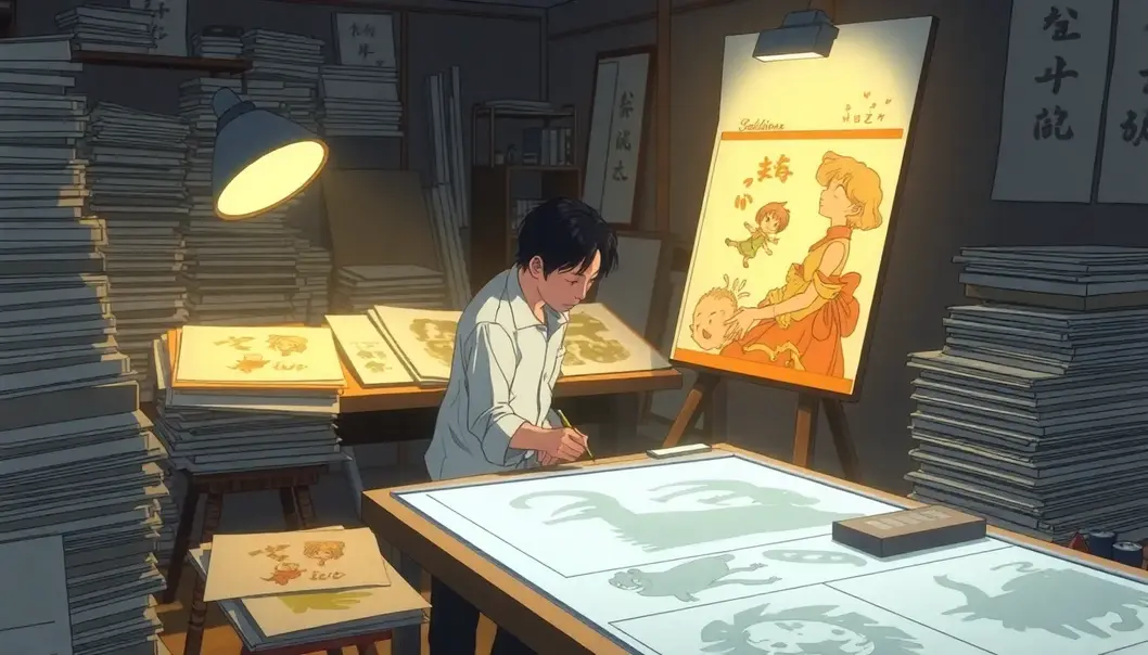 An animator paints masterful strokes onto a cel, breathing life into early anime.