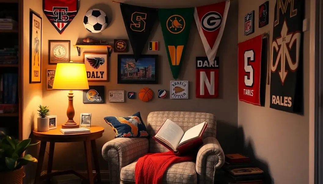 Reading nook with plush chair, sports memorabilia, and warm lighting.