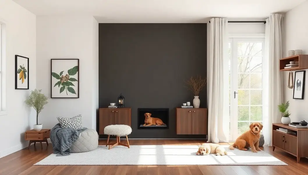 Modern interior of a pet-friendly home with elements like pet bedding and safety features.