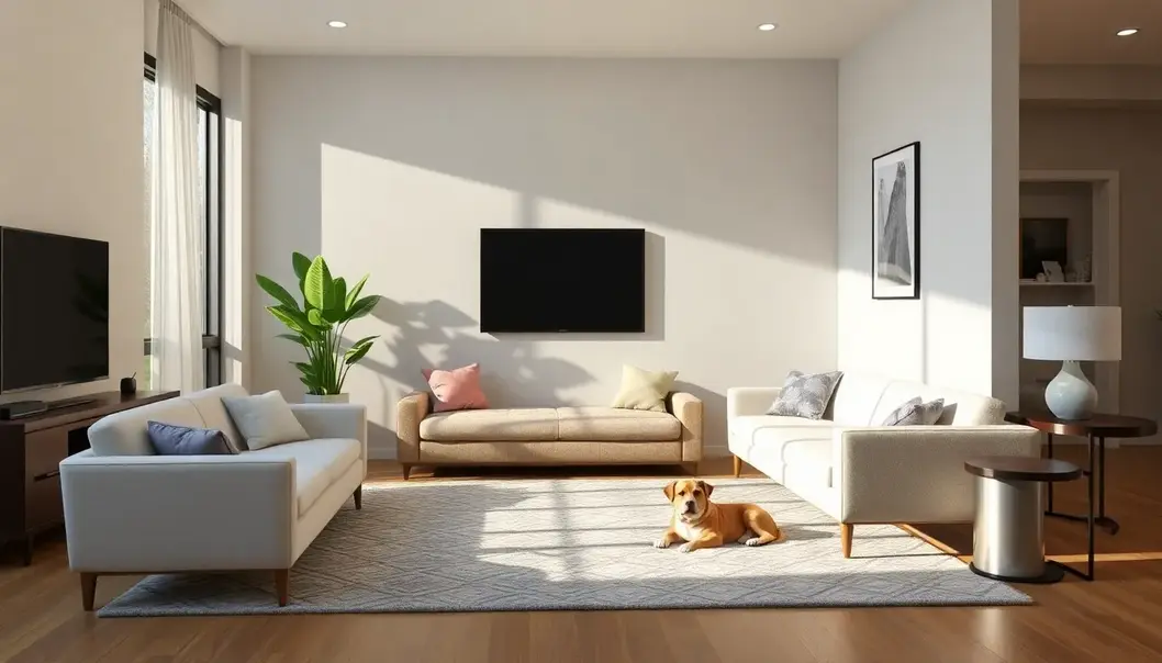 A harmonious living space designed for pets and professionals alike, featuring pet-safe furnishings and practical layout.