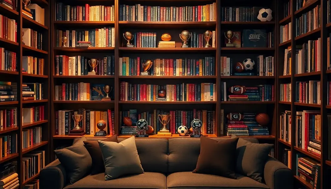A stylish reading nook incorporating sports memorabilia and decor.