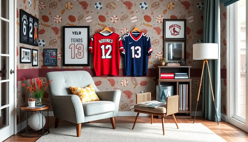 A stylish reading nook incorporating sports memorabilia and decor.